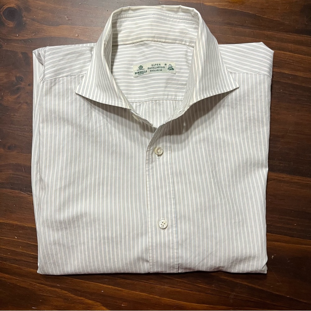 Borelli L/S Dress Shirt 16.5x34 White Stripe THIN Fabric Cotton ITALY Defects